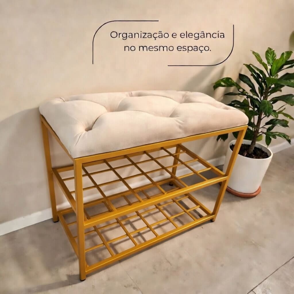 Sapateira Banco Estofado Veludo Base Metal Dourado 2 Prateleiras 60x30x50 Decoração Móveis Casa Luxo