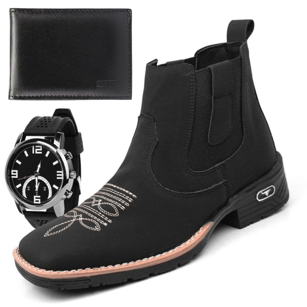 Kit Bota Masculina Botina Texana Bordada Country Rodeio Cowboy + Relógio e Carteira