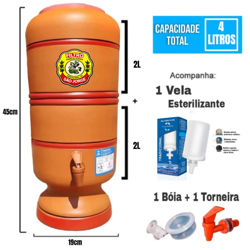 Bebedouro de Água Filtro de Barro Tradicional 4L  Completo com Vela, Boia e Torneira