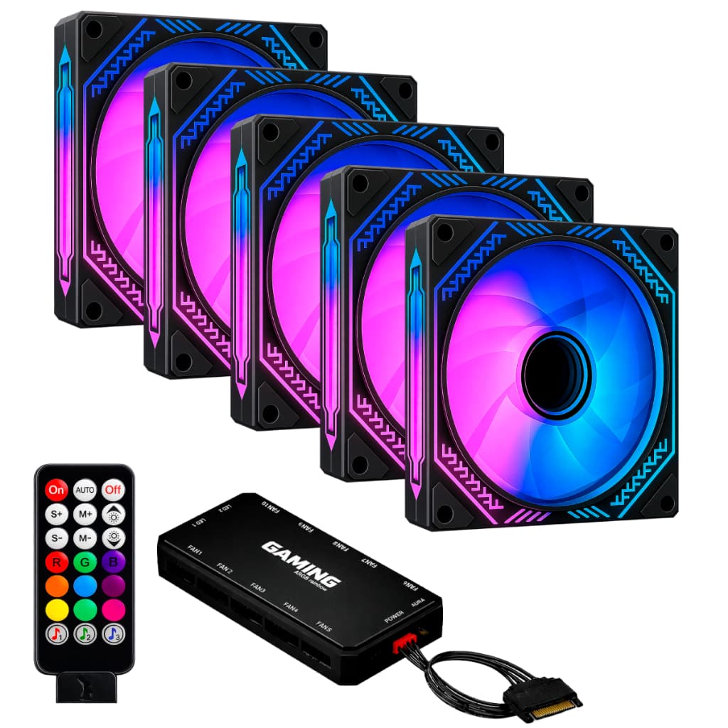 Kit 5 Fans Cooler Ventoinhas Aura Black Infinity ARGB Pc Gamer C/ Controladora Hub Preto