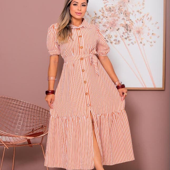 Vestido  Femenino  Midi Elegante Chemise Tecido Duna Manga Bufante