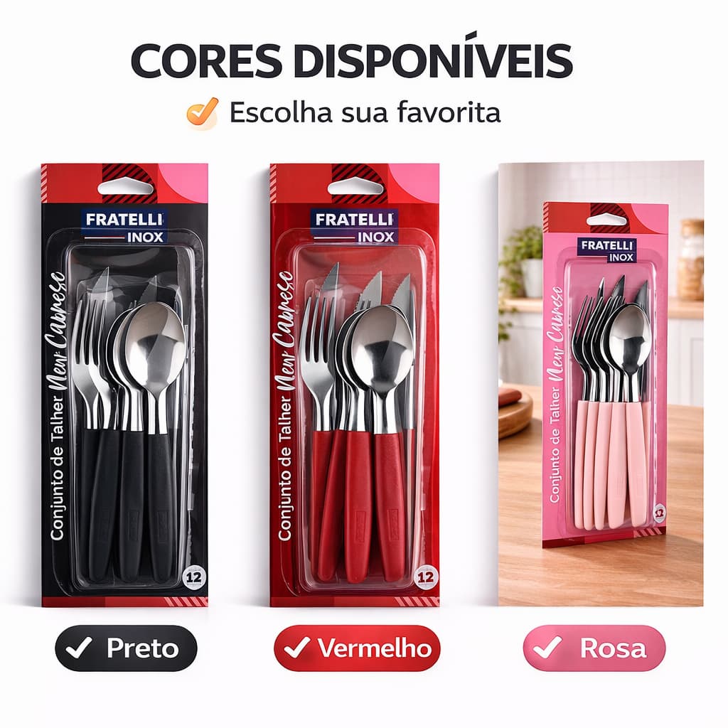 Kit Talheres 12 Peças Inox Com Cabos Preto Vermelho ou Rosa