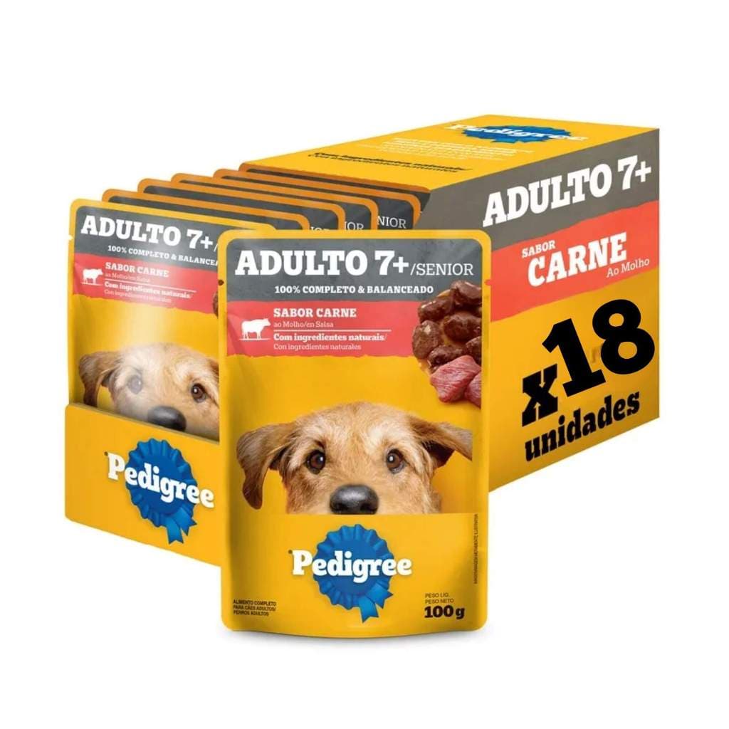 Caixa 18un Ração Úmida Pedigree Sachê Cães Adultos Sênior 7+ Anos Carne ao Molho 100g