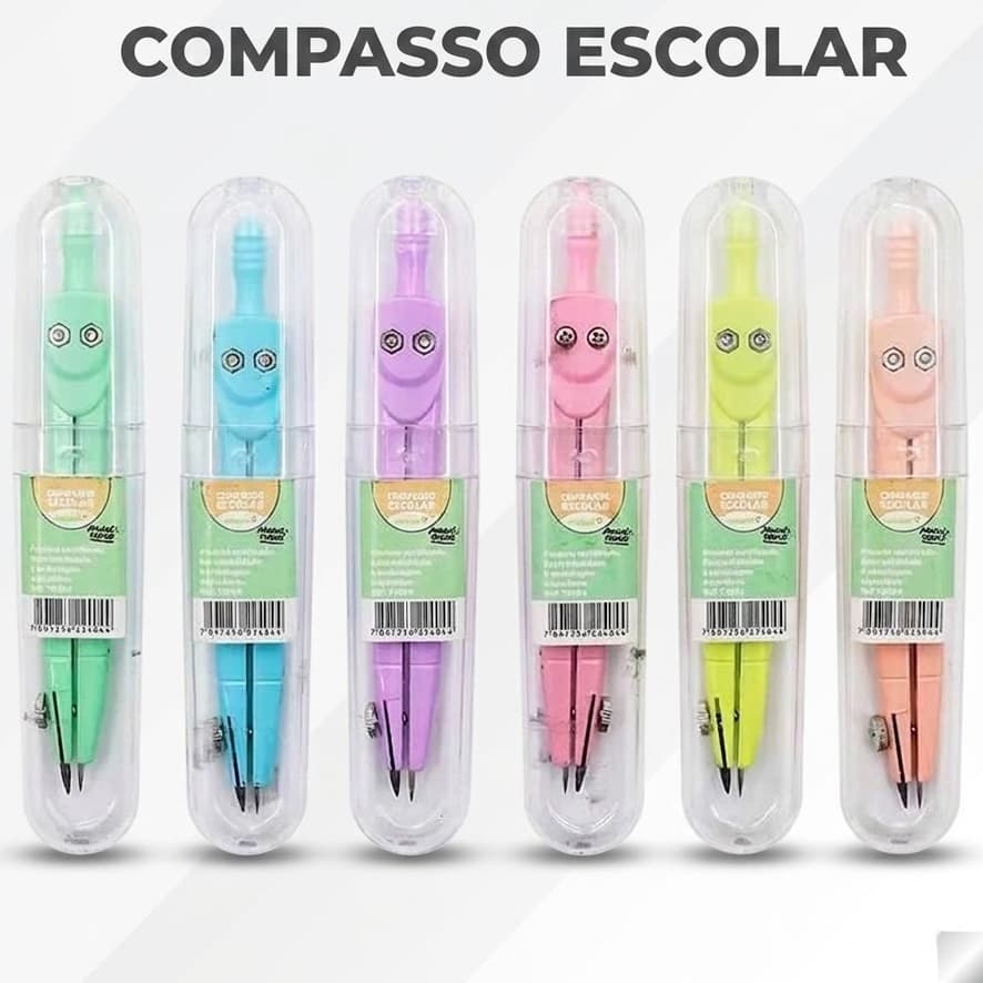 Compasso Escolar de Precisão Plástico e Metal tons Pastel com Estojo Estojo Papelaria Fofa Técnico