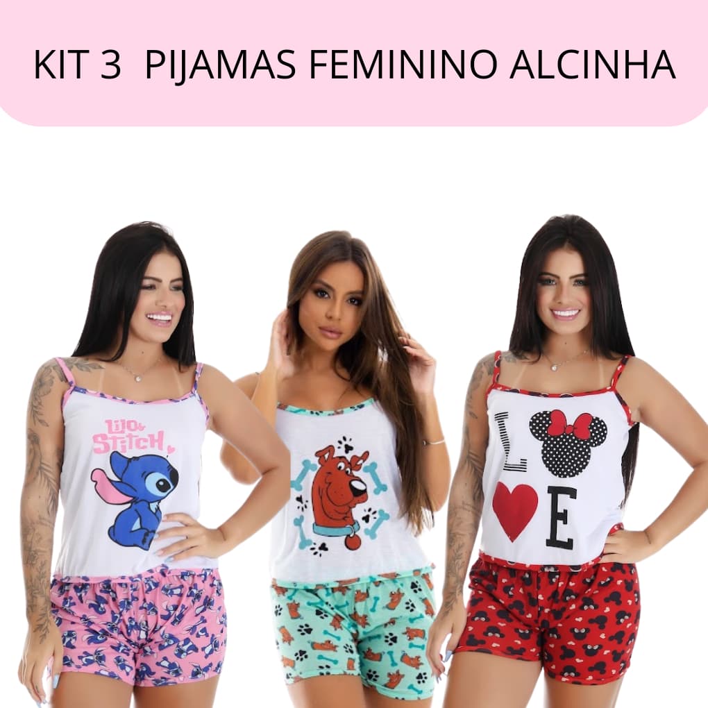 Kit 3 baby doll pijama Feminino adulto personagens malha verão Confortável Short Doll Alcinha