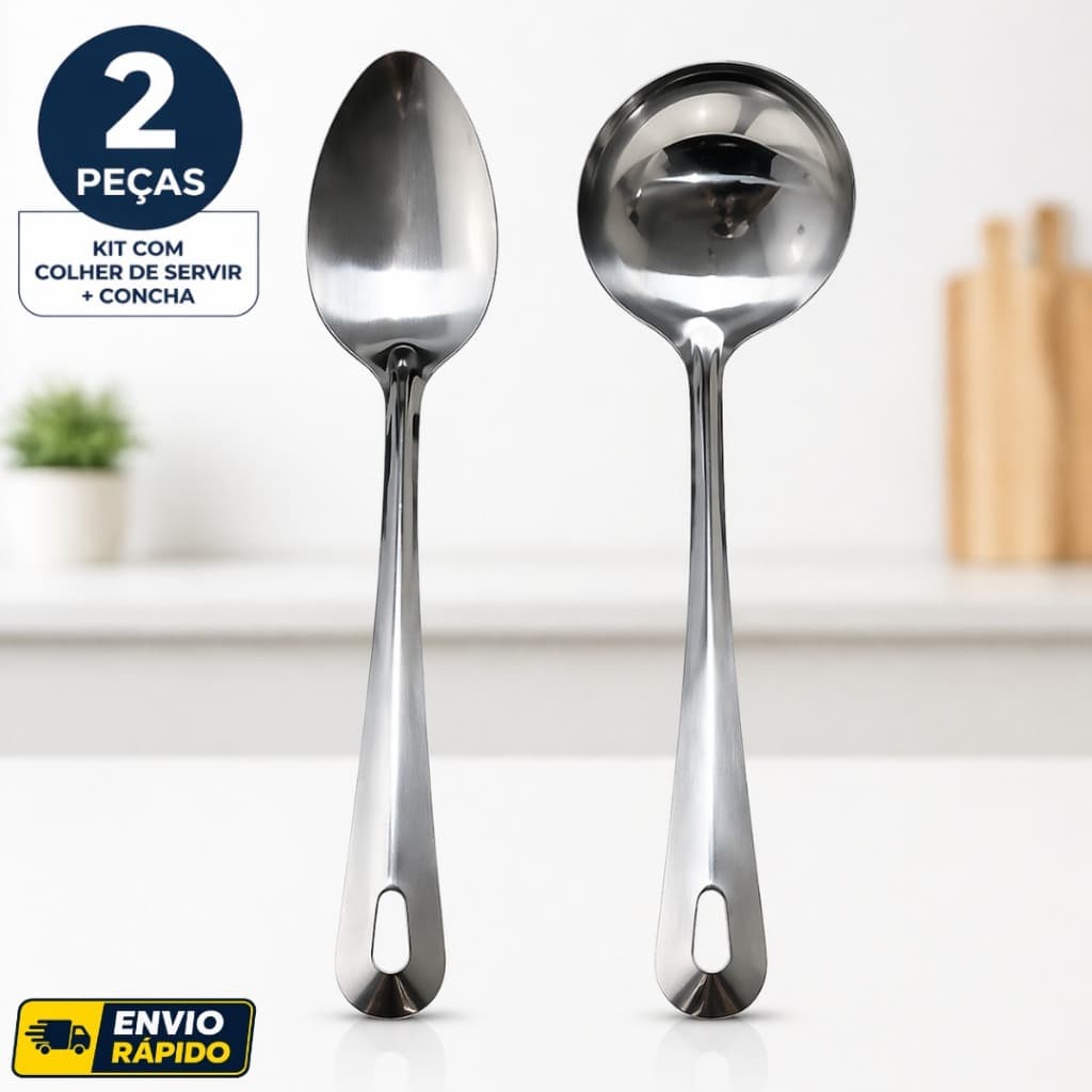 Colher de Servir Inox + Concha Inox Resistente Cozinha Feijão Arroz