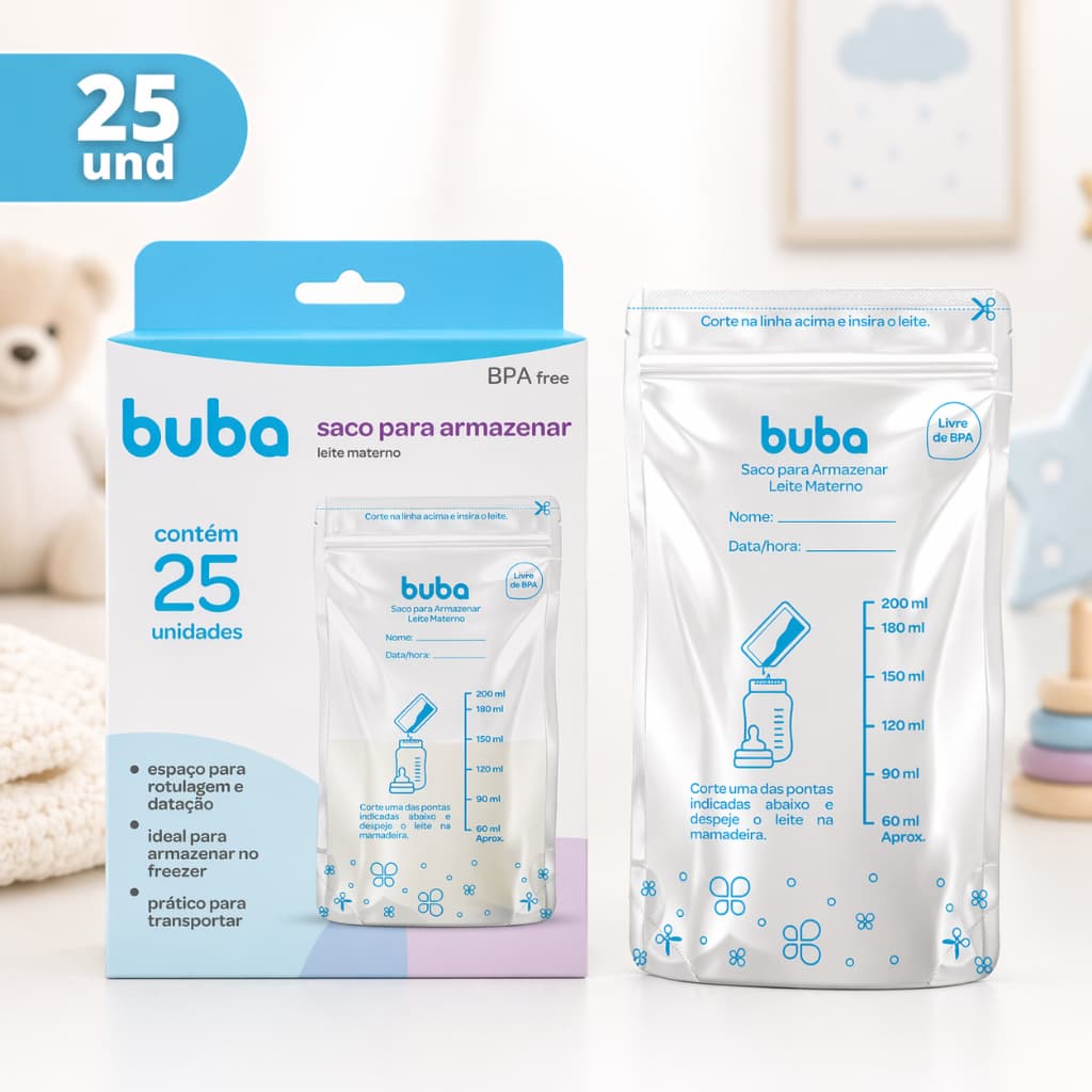Saco Para Armazenar e Congelar Leite Materno Buba Kit Com 25 Unidades 200ml