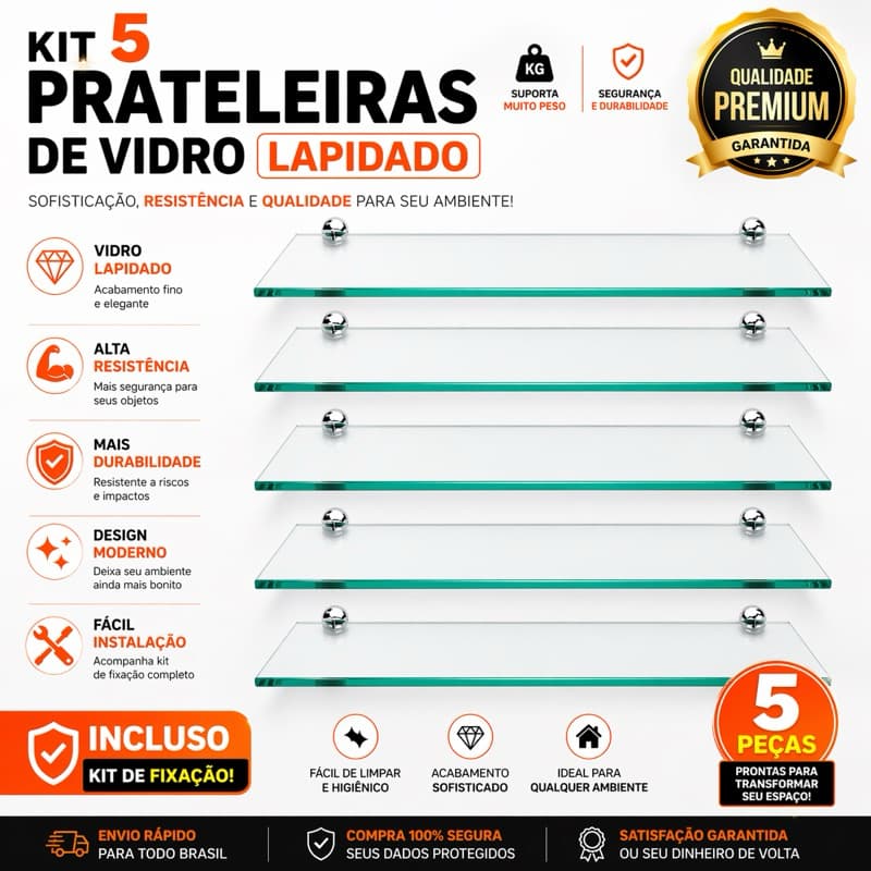 KIT 5 PRATELEIRAS/BANCADAS DE VIDRO INQUEBRAVEL 40X10CM COM KIT FIXAÇÃO