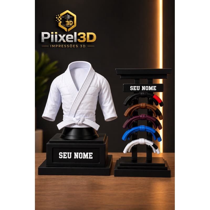 KIMONO 3D PREMIUM + EXPOSITOR DE FAIXAS JIU-JITSU PERSONALIZADO COM NOME | PRESENTE PERFEITO LUTADOR