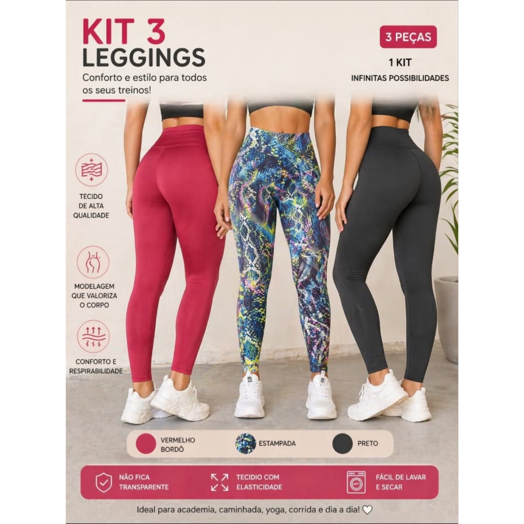 Kit Calça Legging Feminina Cintura Alta Academia Fitness Suplex/Poliamida