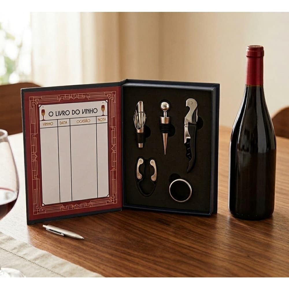 Kit Vinho 5 Peças Livro Saca Rolhas Tampa Anel Corta Lacre Presente