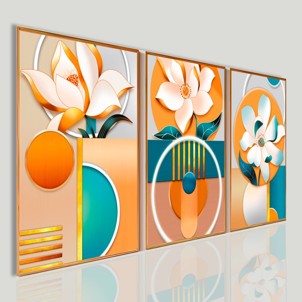 Kit 3 Quadros Decorativos Flores Modernas Abstrato 3D Luxo Sala Quarto