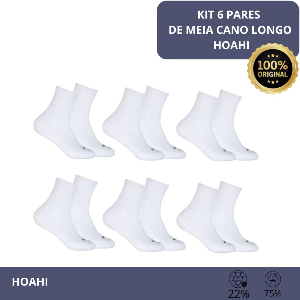 Kit 6 pares de meia Hoahi unisex cano longo algodão atoalhado Conforto Extremo