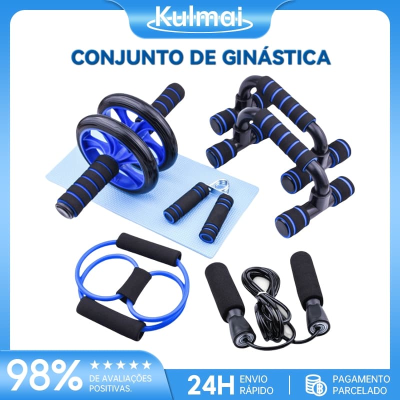 Kit Fitness 6 em 1 Roda Abdominal Flexão Corda Elástico Hand Grip Tapete Treino em Casa