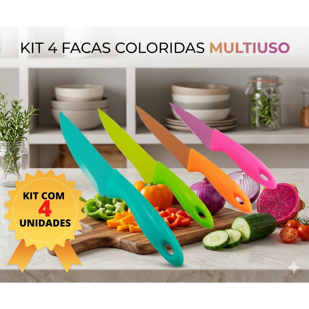 FACAS EM AÇO INOX COLORIDAS KIT COM 4 - 18CM, 22CM, 23CM E 27CM - HOME & MORE