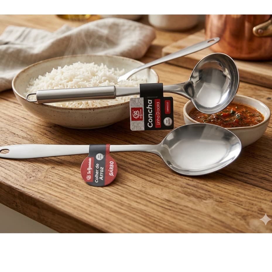 KIT INOX: 1 COLHER DE ARROZ 32,5CM + 1 CONCHA 27CM - SQ SO QUALIDADE - LINHA D"CASA