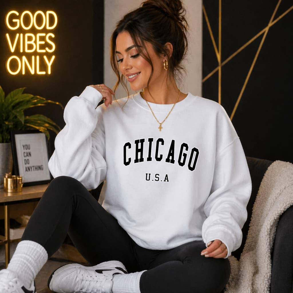 Moletom Careca Estampado Chicago Usa Algodão Unissex