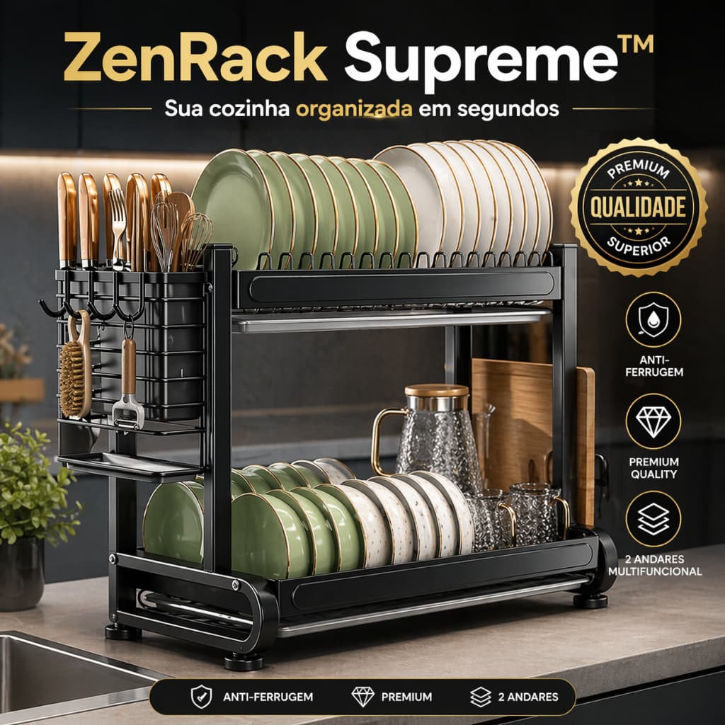 Escorredor de Louça 2 Andares ZenRack Supreme Preto Fosco Inox Antiferrugem Organizador de Pia Cozinha Compacto