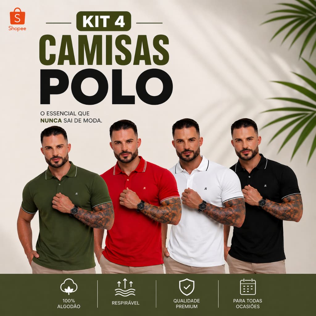 Kit 4 camisa Polo Masculina Premium 100% Algodão