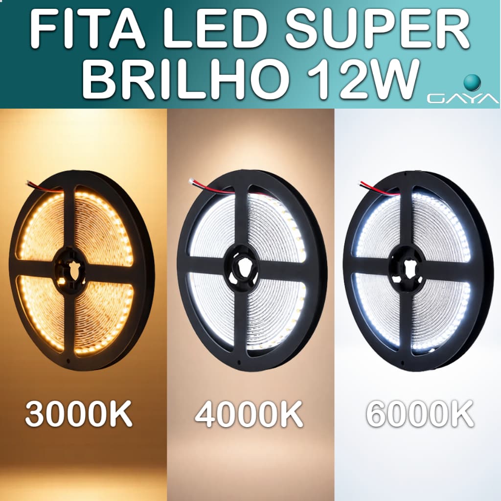 Fita Led Super Brilho 12V 5m 12W Gaya 3000K 4000K 6000K Bivolt Alta Luminosidade Autoadesiva IP20