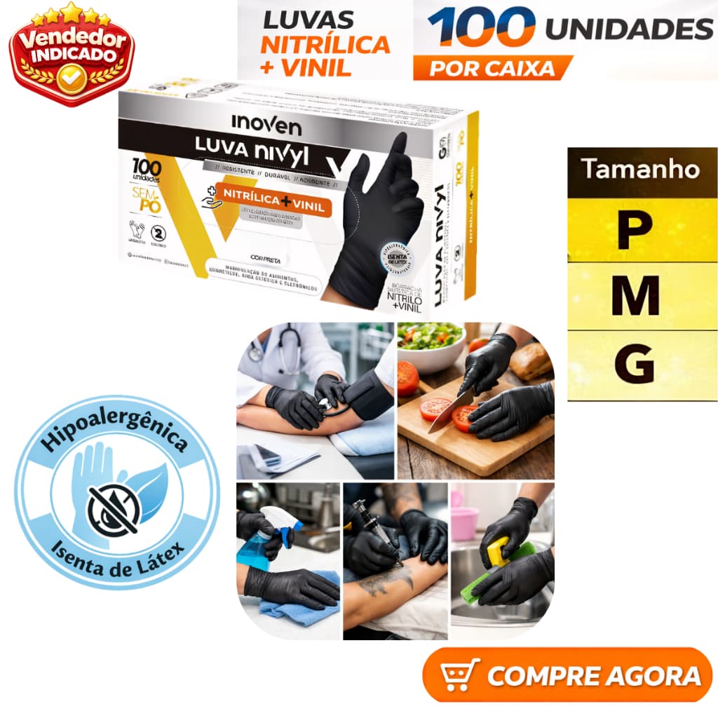 Luva Vinil Preta Descartável Sem Pó Resistente Nivyl Nitrílica 100 Unidades