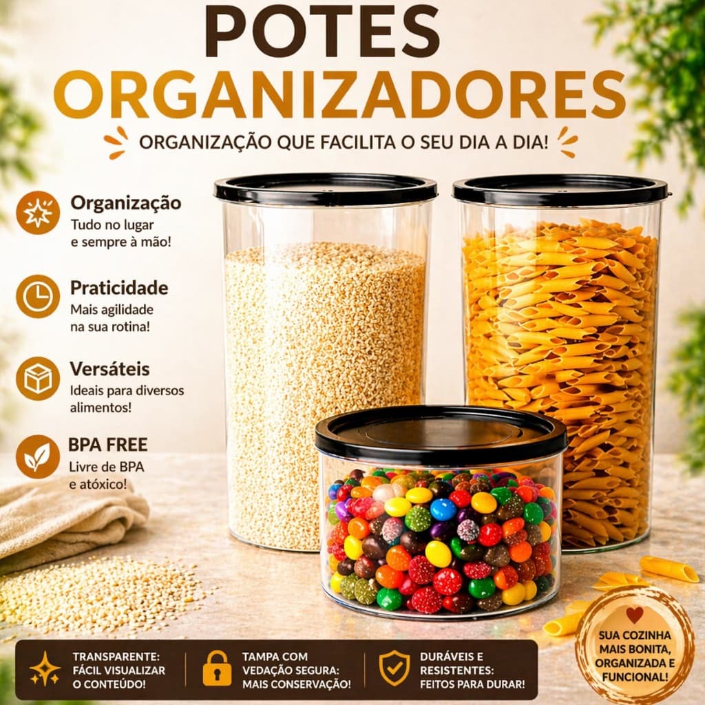 Kit 3 porta mantimentos plástico transparente jogo pote condimentos multiuso BPA FREE hermético