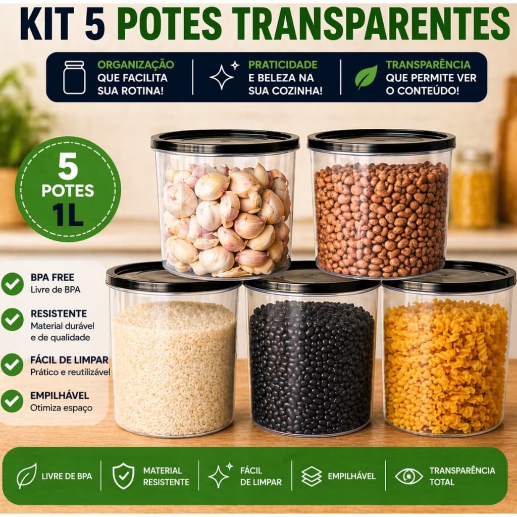 Kit 5 pote mantimentos 1L plástico com tampa BPA FREE organizador alimentos transparente hermético