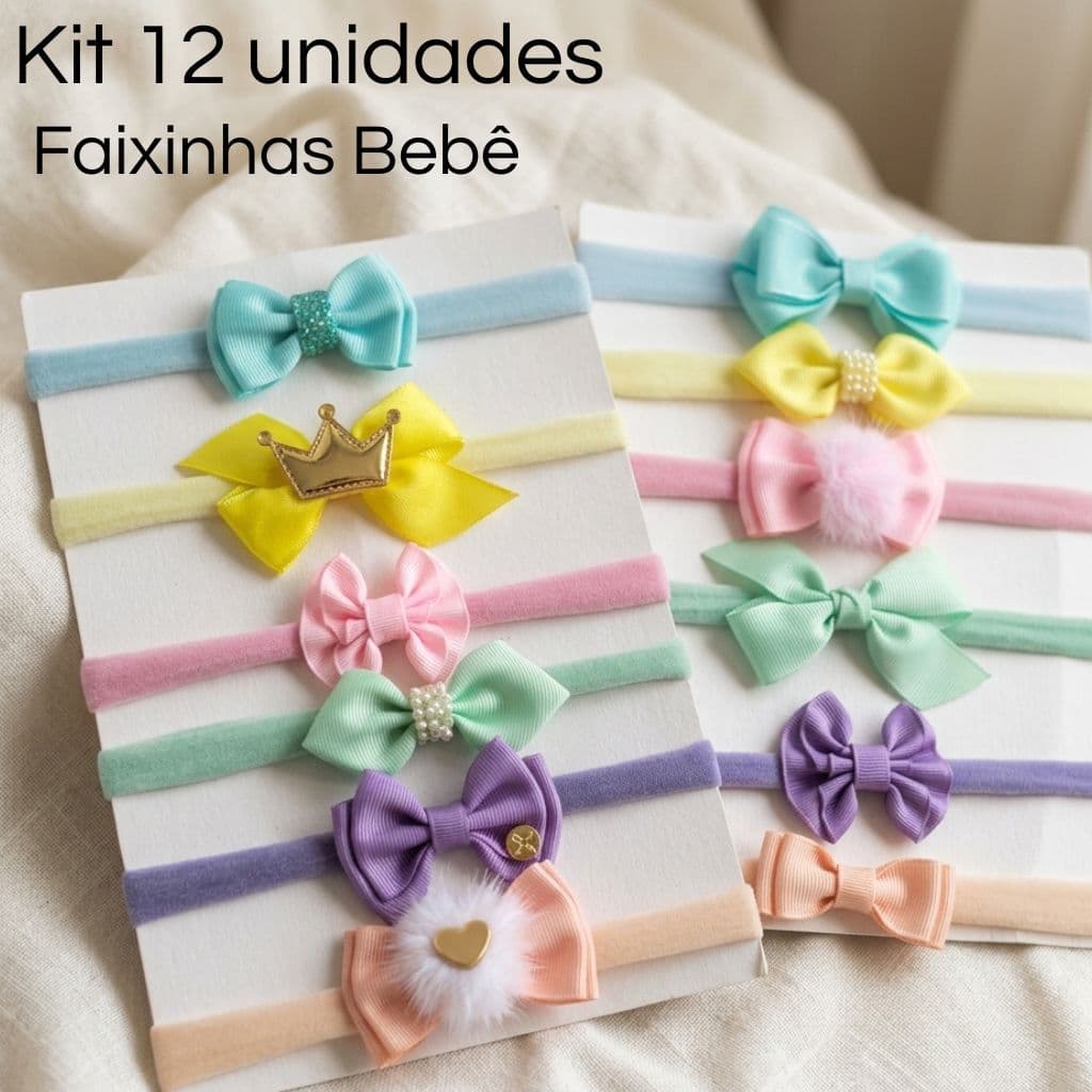 Faixinha Para Bebê Kit 6/12 Laços Modelo Leve Pequeno Na Meia Seda Confortáveis Não Aperta