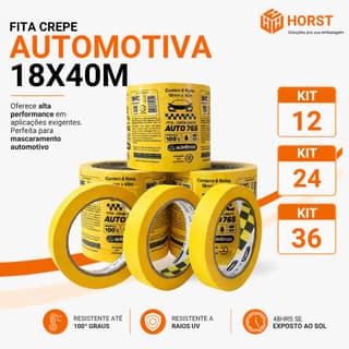 FITA CREPE AMARELA AUTOMOTIVA Anti-UV Adelbras 765 Alta Performance 18mm x 40 metros - KIT 12 / KIT 24 / KIT 36
