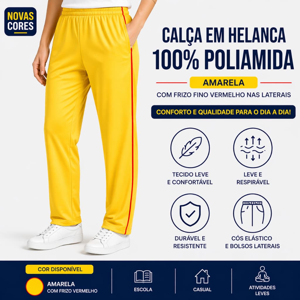 Calça Helanca 100% Poliamida Amarela com Friso Vermelho ou Branco Unissex Confortável Premium