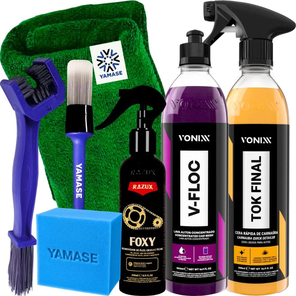 Kit para Lavar Moto Cera Shampoo Pretinho Limpador de Corrente Desengraxante Foxy Shampoo
