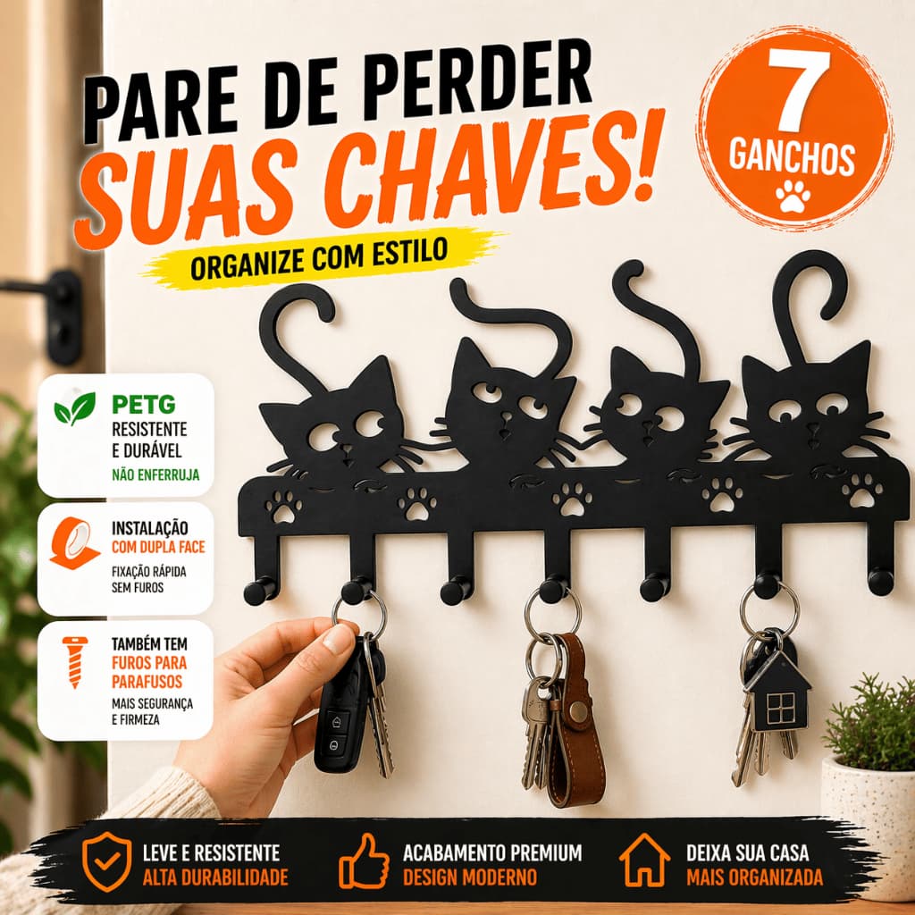 Porta Chaves Suporte De Parede Para Chave Gato Preto 7 Chaves Pendurar Chaves Chaveiro