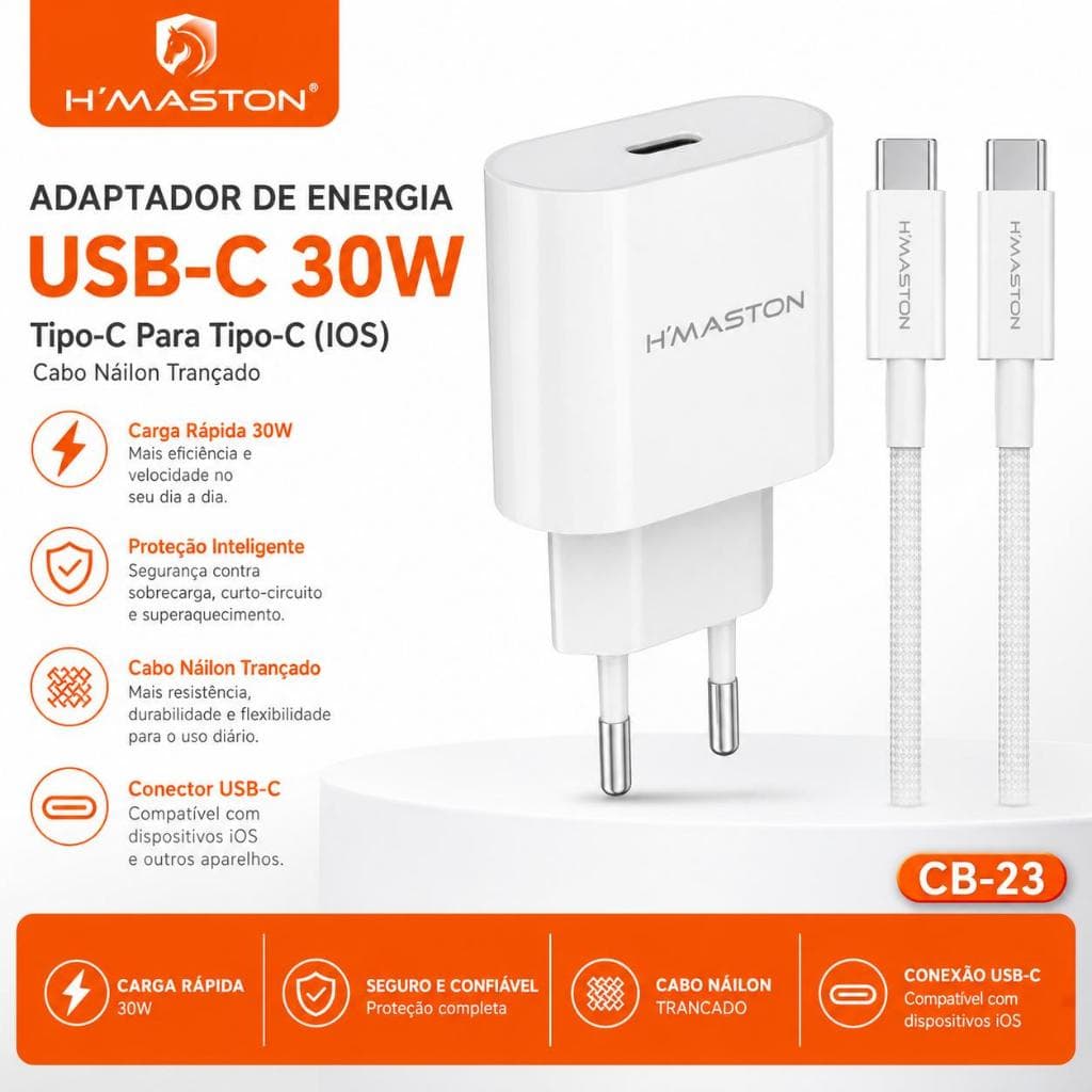 Carregador Turbo 30W H'maston USB-C para Tipo-C iPhone 15 16 Pro Max Samsung