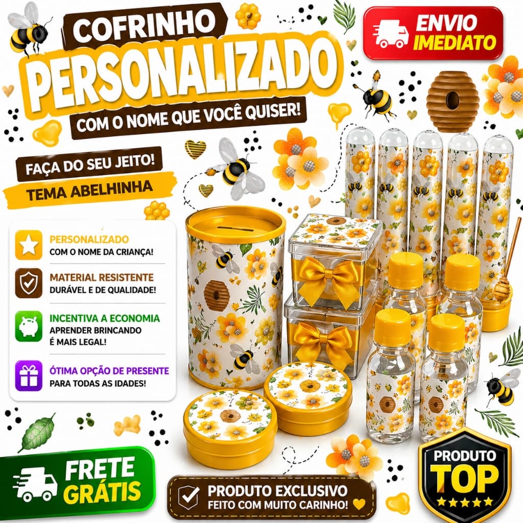 Kit 65 Rótulo Adesivo Tema Abelinha Personalizado cofrinho/bolinha de sabão/Tubete Aniversário, Lembrancinha