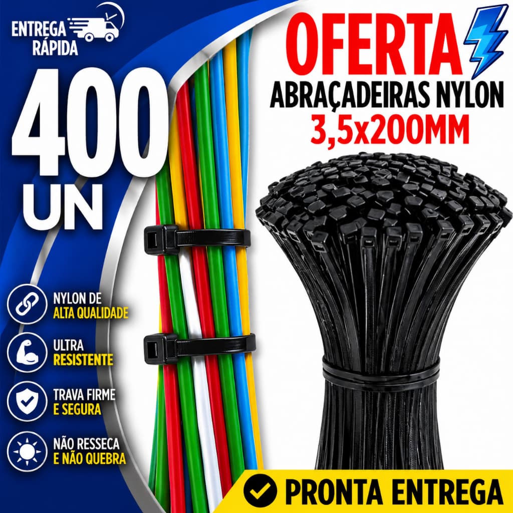 KIT 400 ABRAÇADEIRAS DE NYLON 3,5X200MM ENFORCA GATO ULTRA RESISTENTE MULTIUSO PROFISSIONAL