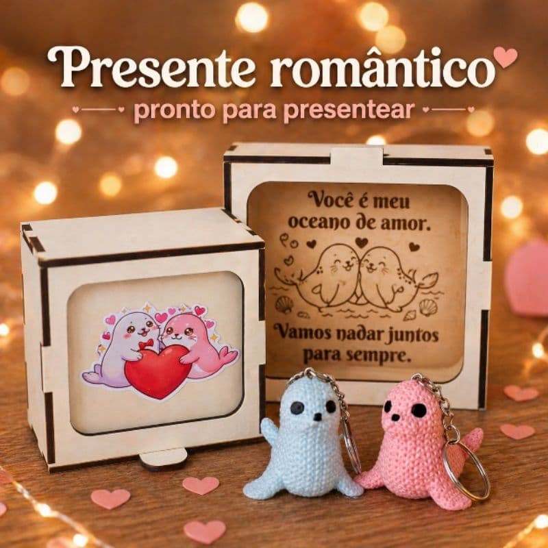 Presente Namorada Namorado Esposa Noiva Kit Foca Casal Caixa MDF 2 Chaveiros Romântico