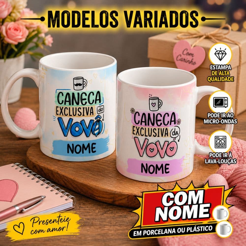 Caneca Porcelana Personalizada Avó, Avô COM NOME
