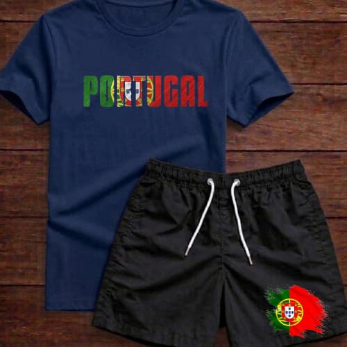 Conjunto Portugal CR7 Camisa e Bermuda Masculina Premium Short Tactel Várias Cores Moda Praia Academia Verão Kit