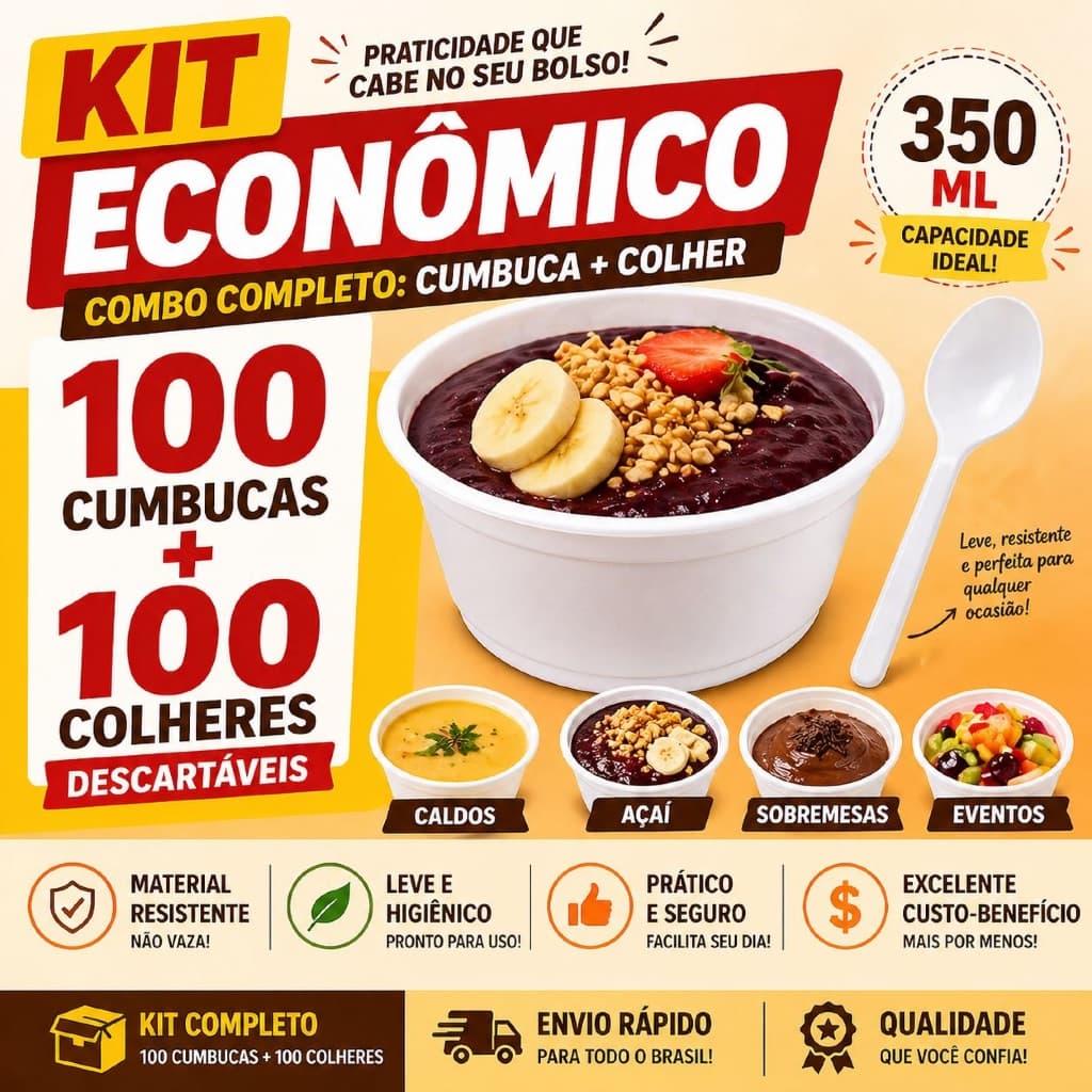 Kit Econômico 100 Cumbucas Isopor + 100 Colheres Descartáveis