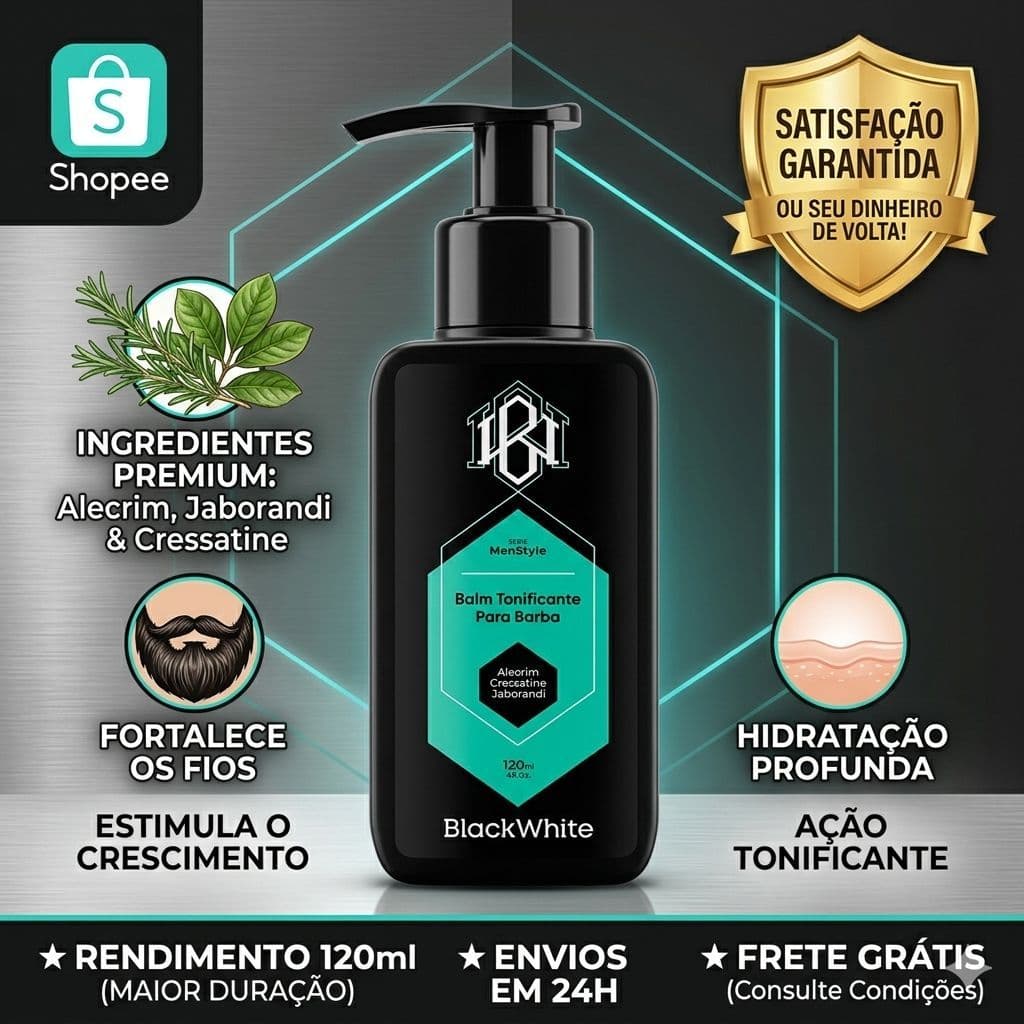 Black White Balm Tonificante para Barba Hidratação e Estimula o Crescimento dos Fios 120ml