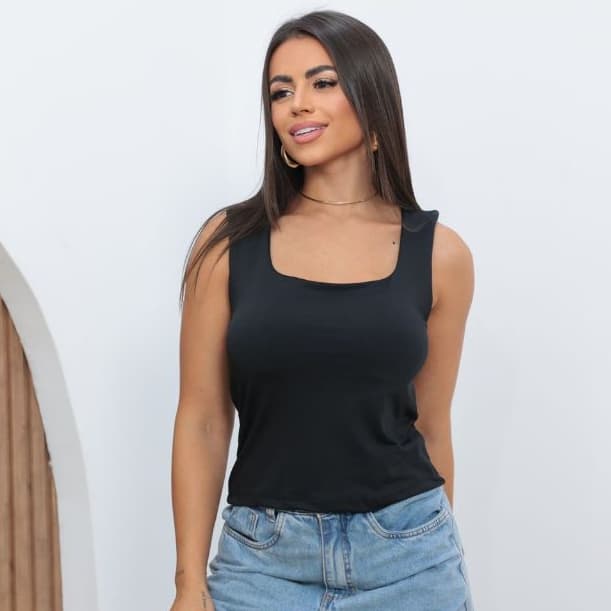 Blusa Regata Feminina Blusinha Decote Quadrado Suplex Básica Lisa Moda Elegante Blogueira Tendência Casual