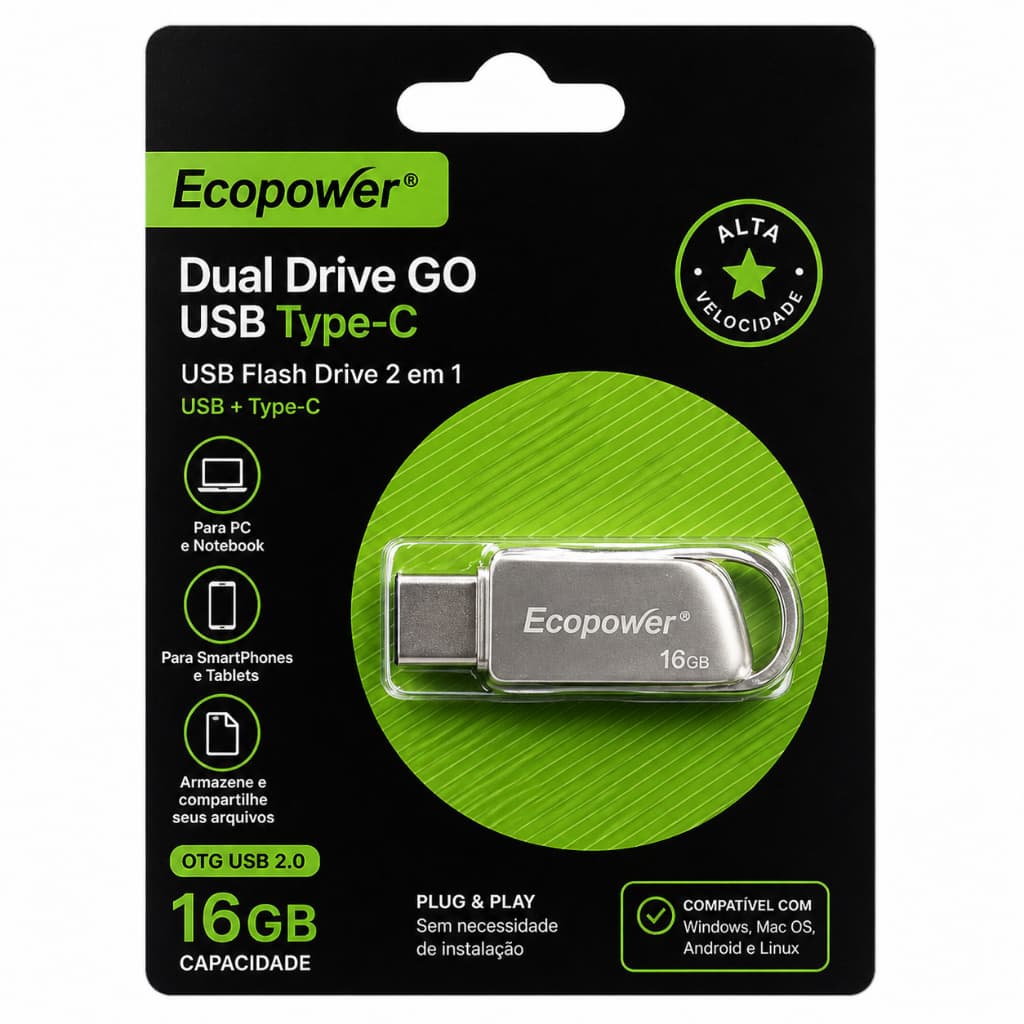 Pen Drive Ecopower 16GB USB 2.0 + Dual Drive Type-C Original OTG