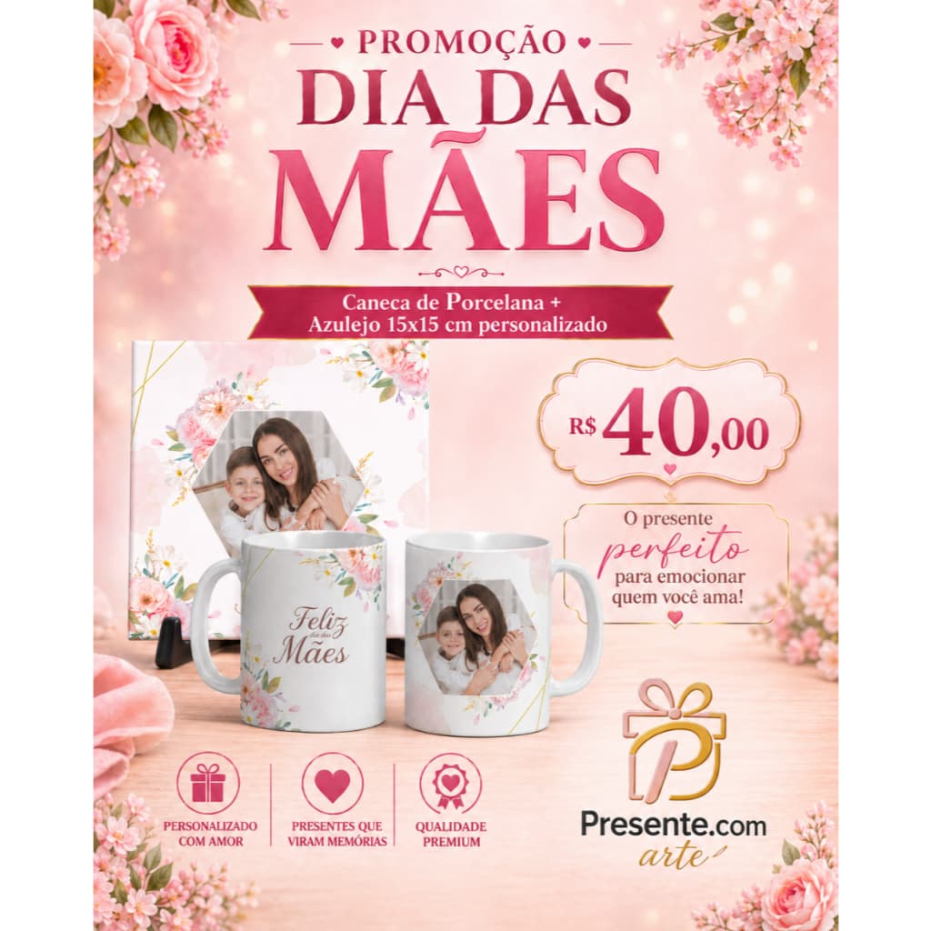 Caneca e azulejo dias da mães- porcelana-325ml