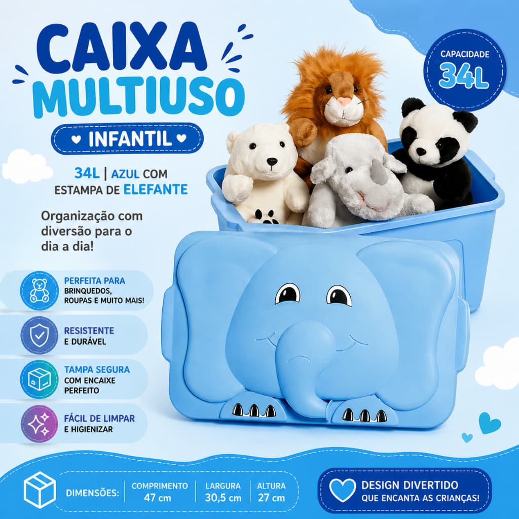 Caixa Multiuso Infantil 34L P/ Criança Azul Com Estampa de Elefante Organizador Armazenar Brinquedo