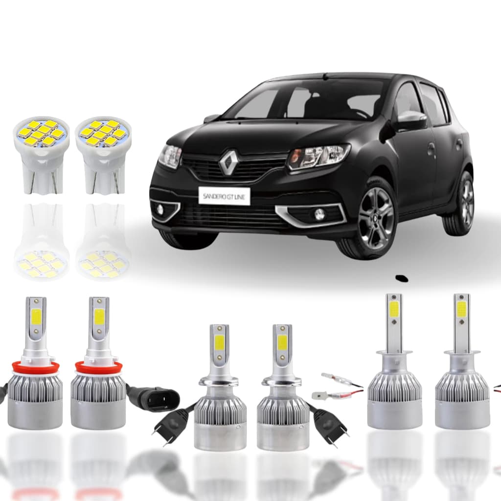Kit Lâmpada Led (Farol Alto Baixo Milha Farolete) Renault Sandero 2014 a 2022 H1 H7 H11 T10 Super led FORTE