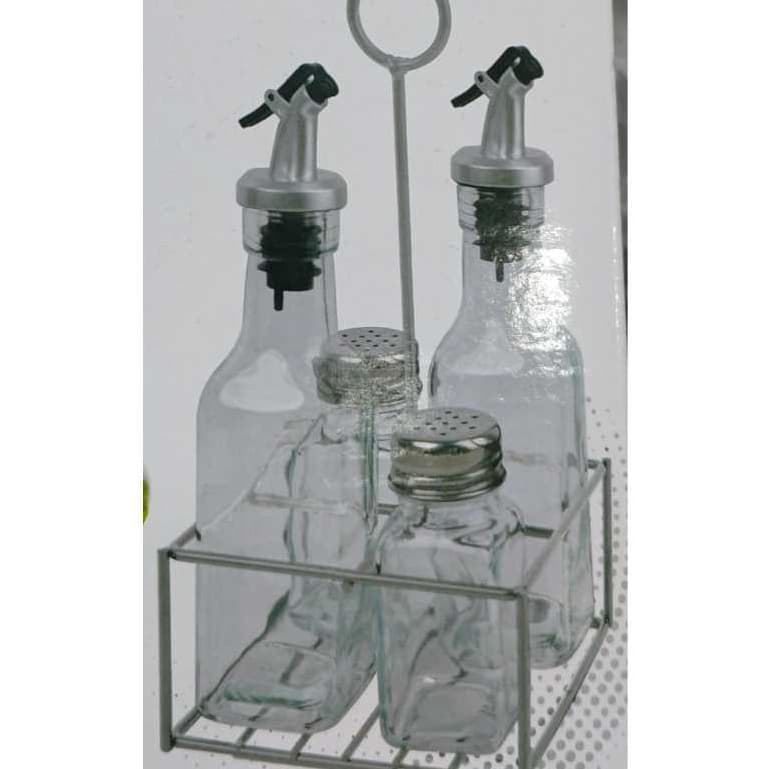Galheteiro 5 Peças Com Suporte Metal Cromado 2 Garrafa Para Azeite Vinagre e 2 Pote Para Tempero Com Tampa Metal