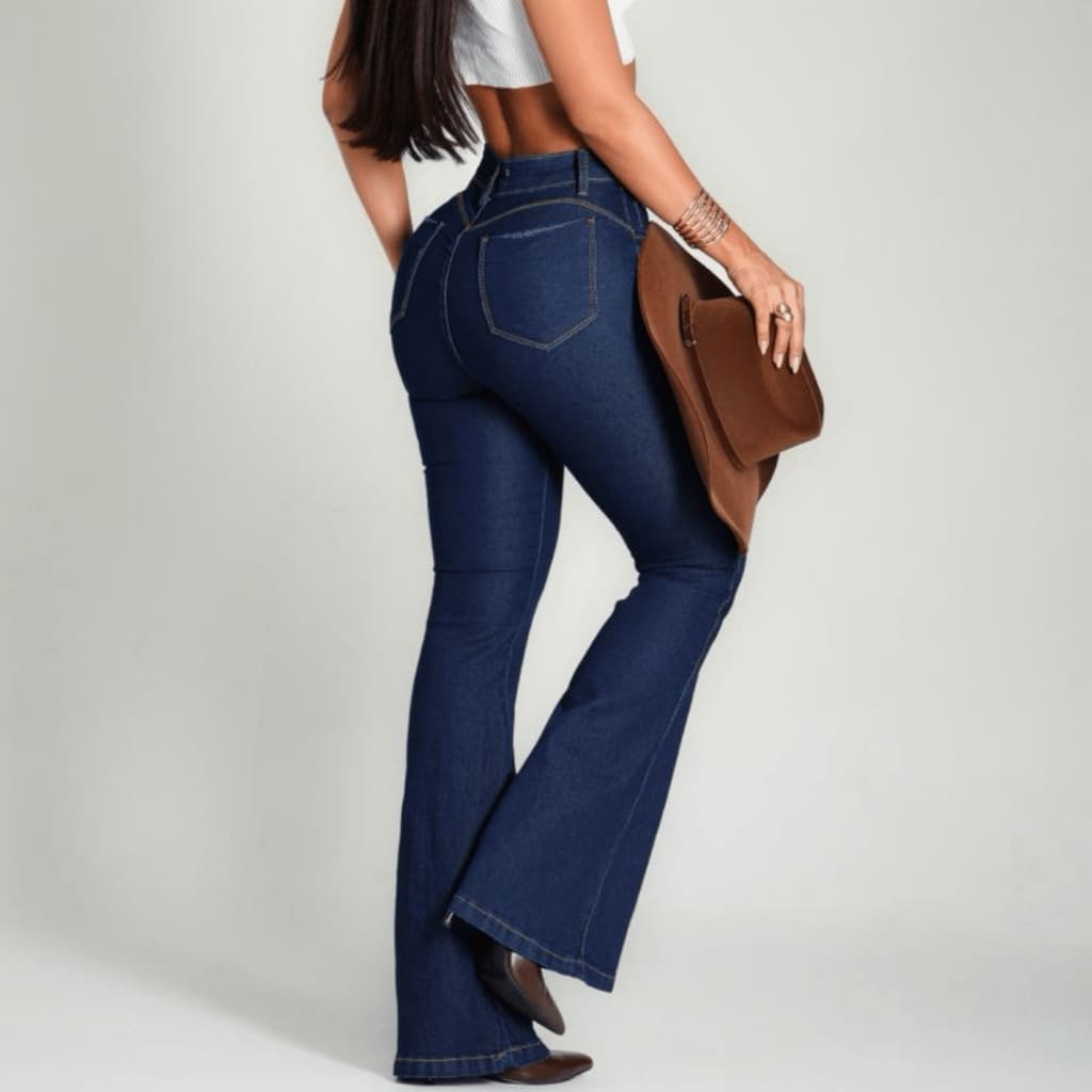 Calça Flare Jeans ESCURA Premium Cintura Alta Com Bastante Elastano
