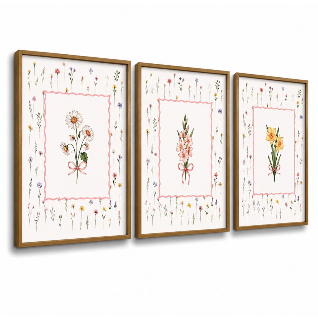 Kit 3 Quadros Decorativos Infantil | Flores, Jardim, Delicado, Floral | Quarto Menina - No300