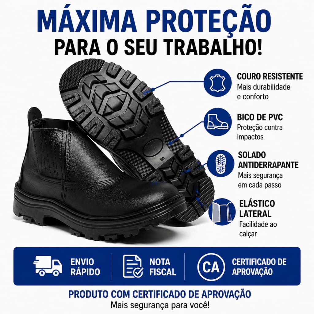 Botina de Segurança EPI Couro Bico PVC CA Antiderrapante Trabalho Confortável PU
