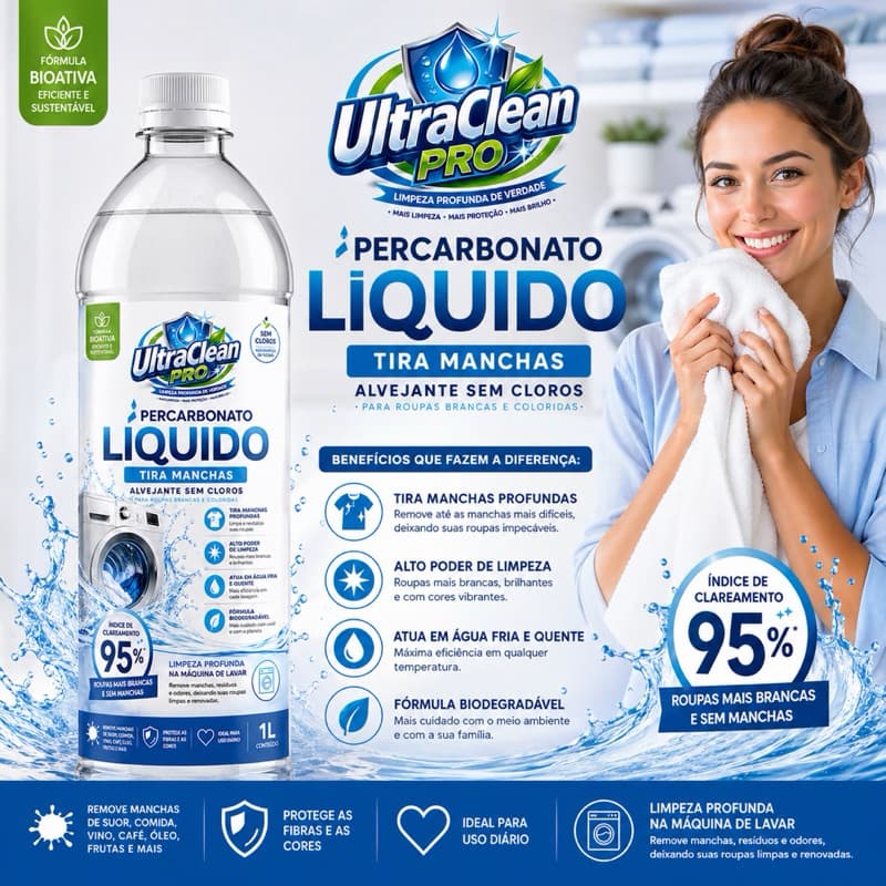 Percarbonato de Sódio Líquido 1 litro UltraCleanPro  - Alvejante Remove Manchas Mais Difíceis